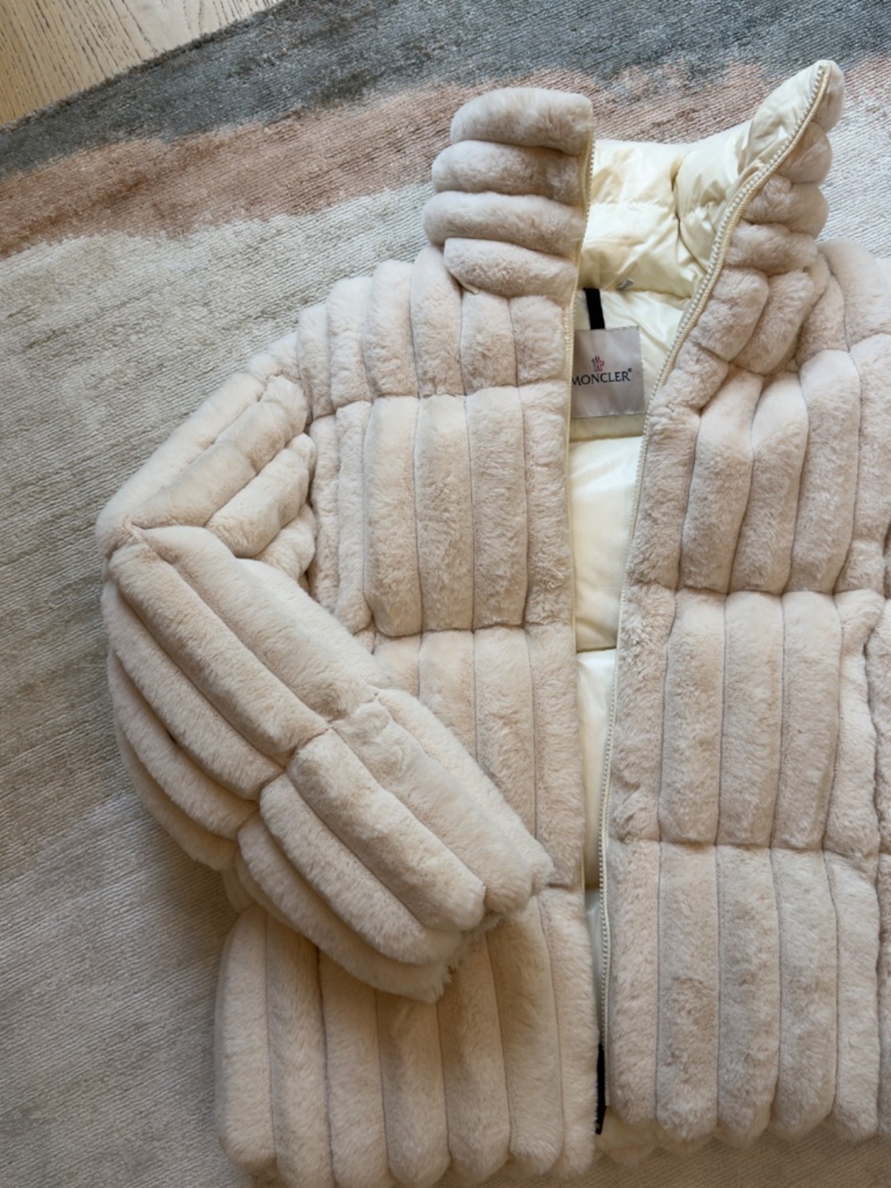Moncler Cream Faux Fur Puffer Jacket Detachable Down Hood Size 0